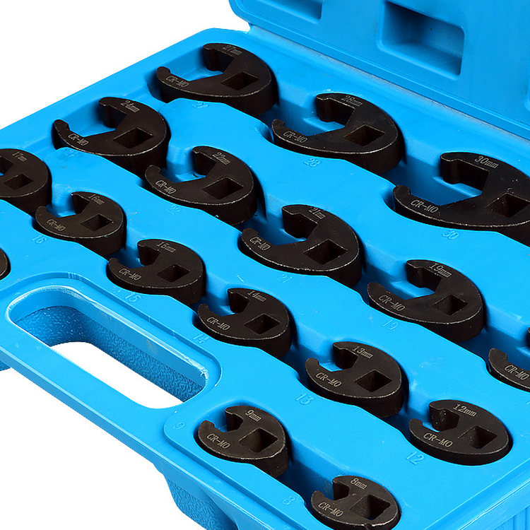 19-Piece Crowfoot Brake Line Wrench Set U-Shape 5-Point Flare Nut Spanner 8-32mm 1/2" & 3/8" Drive for Tight Space Automotive Repair Tools