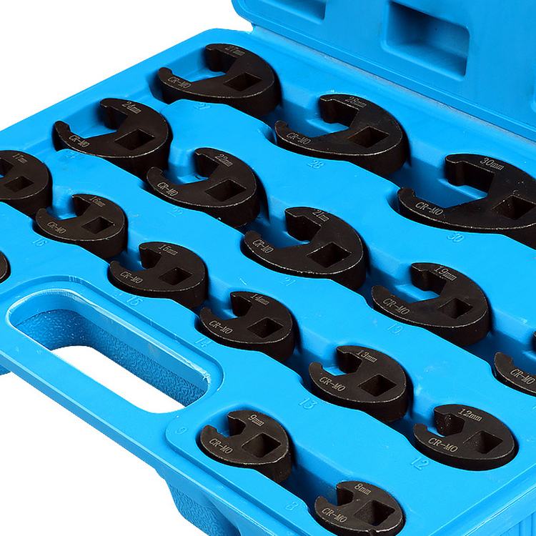 19-Piece Crowfoot Brake Line Wrench Set U-Shape 5-Point Flare Nut Spanner 8-32mm 1/2" & 3/8" Drive for Tight Space Automotive Repair Tools