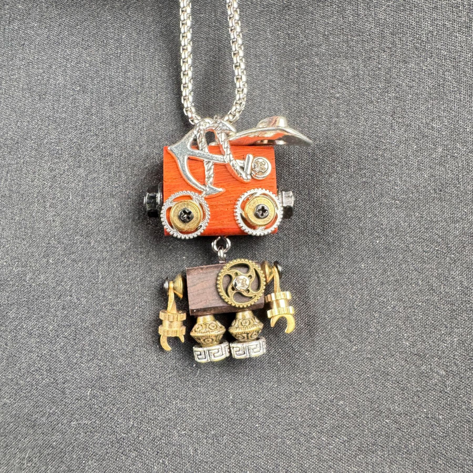 Steampunk Robot Pendant - Handcrafted Wooden Keychain, Necklace Charm & Phone Chain Accessory for Men and Women