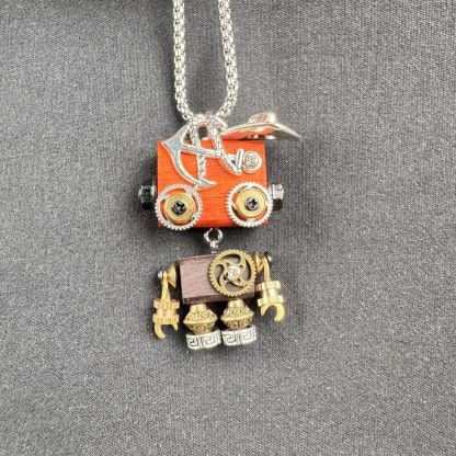 Steampunk Robot Pendant - Handcrafted Wooden Keychain, Necklace Charm & Phone Chain Accessory for Men and Women