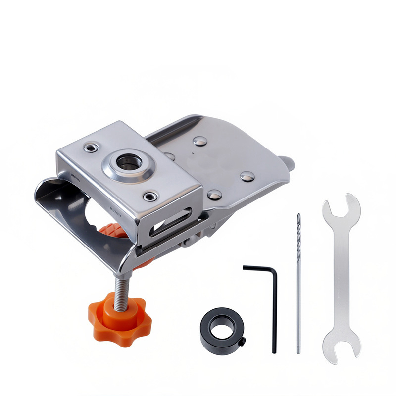 Stainless Steel Hinge Drilling Jig – Adjustable Edge Distance, Quick-Clamp Design for 35mm Hinge Boring on Cabinet & Wardrobe Doors