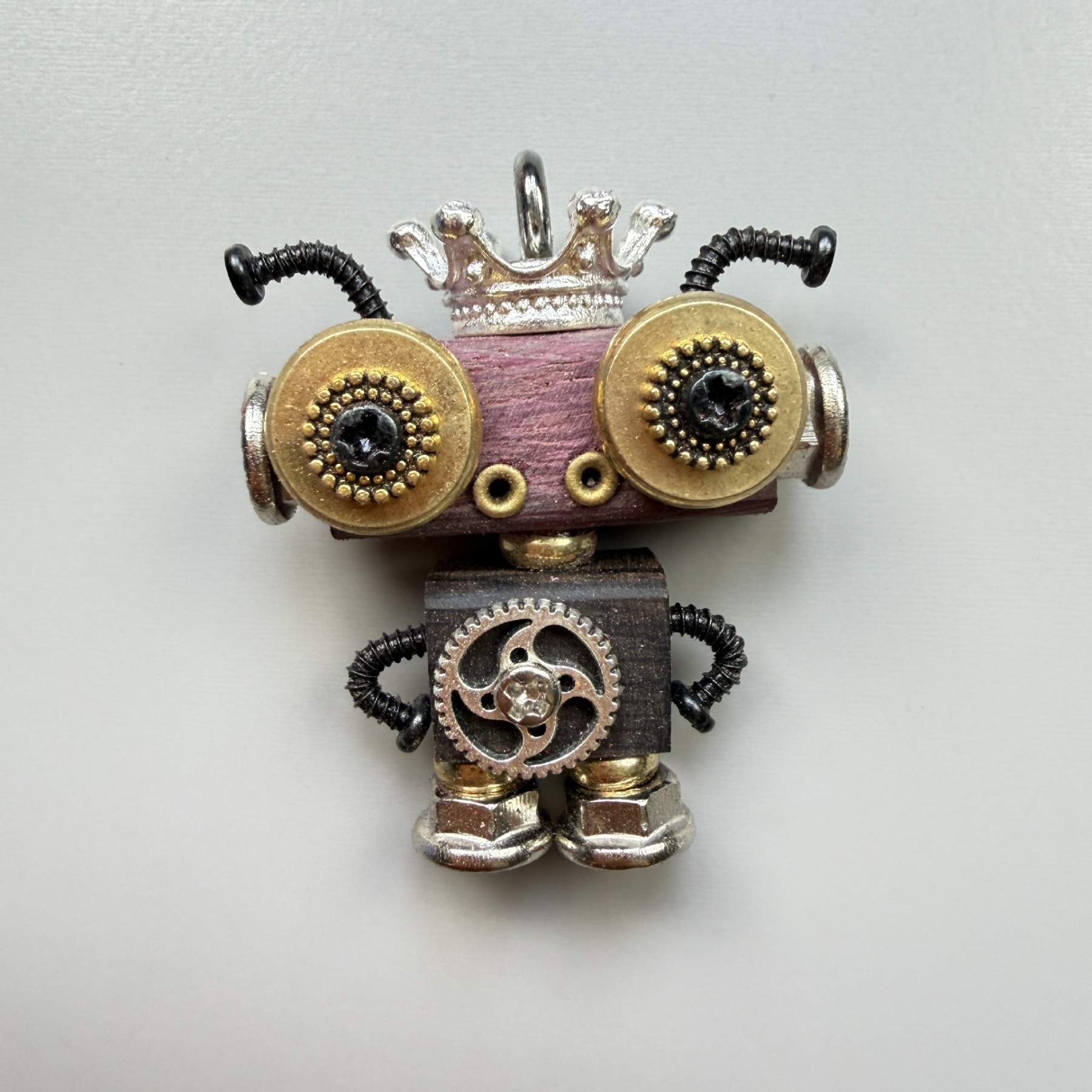 Handmade Punk Robot Pendant - Quirky Wooden Keychain, Phone Charm & Necklace Charm for Men and Women - Steampunk Gothic Geek Accessory