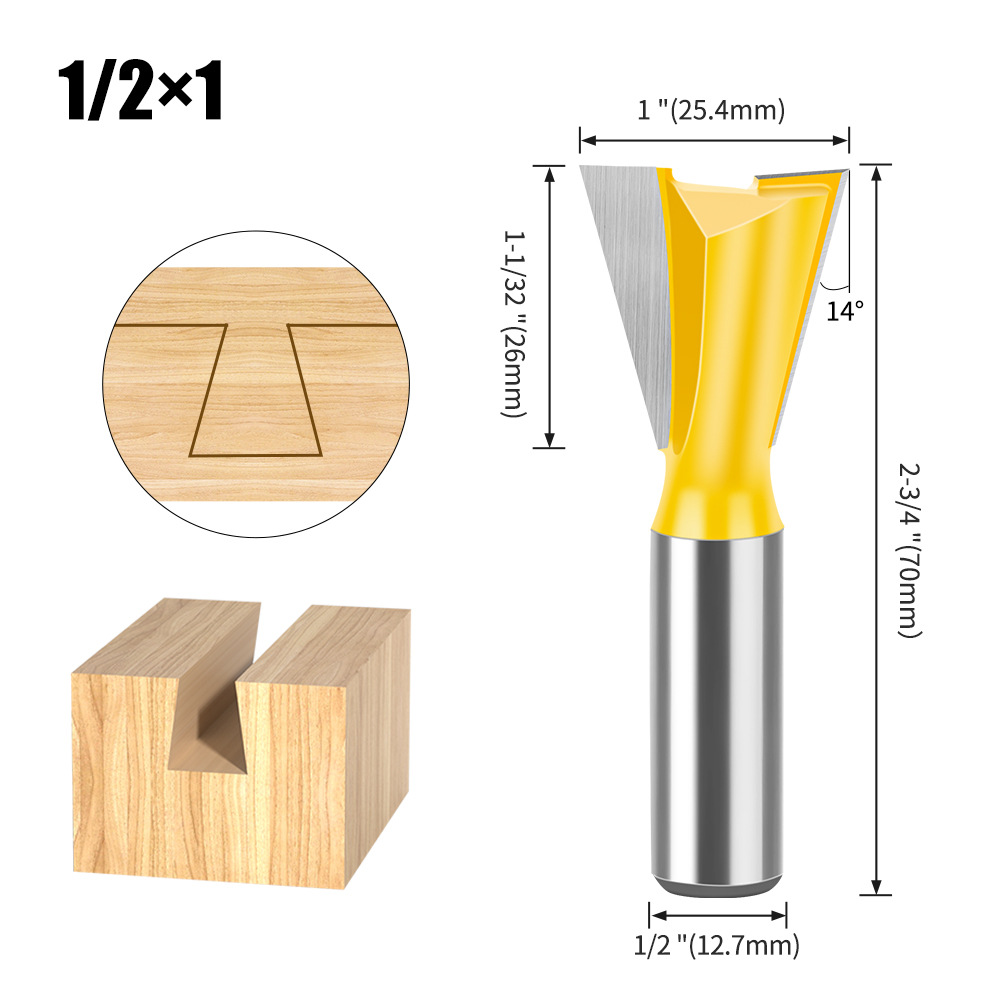 Dovetail Slot Bit - 1/4" & 1/2" Shank - Woodworking Router Bit for Dovetail Joints, Trim, and Edge Profiling - Teflon Coated