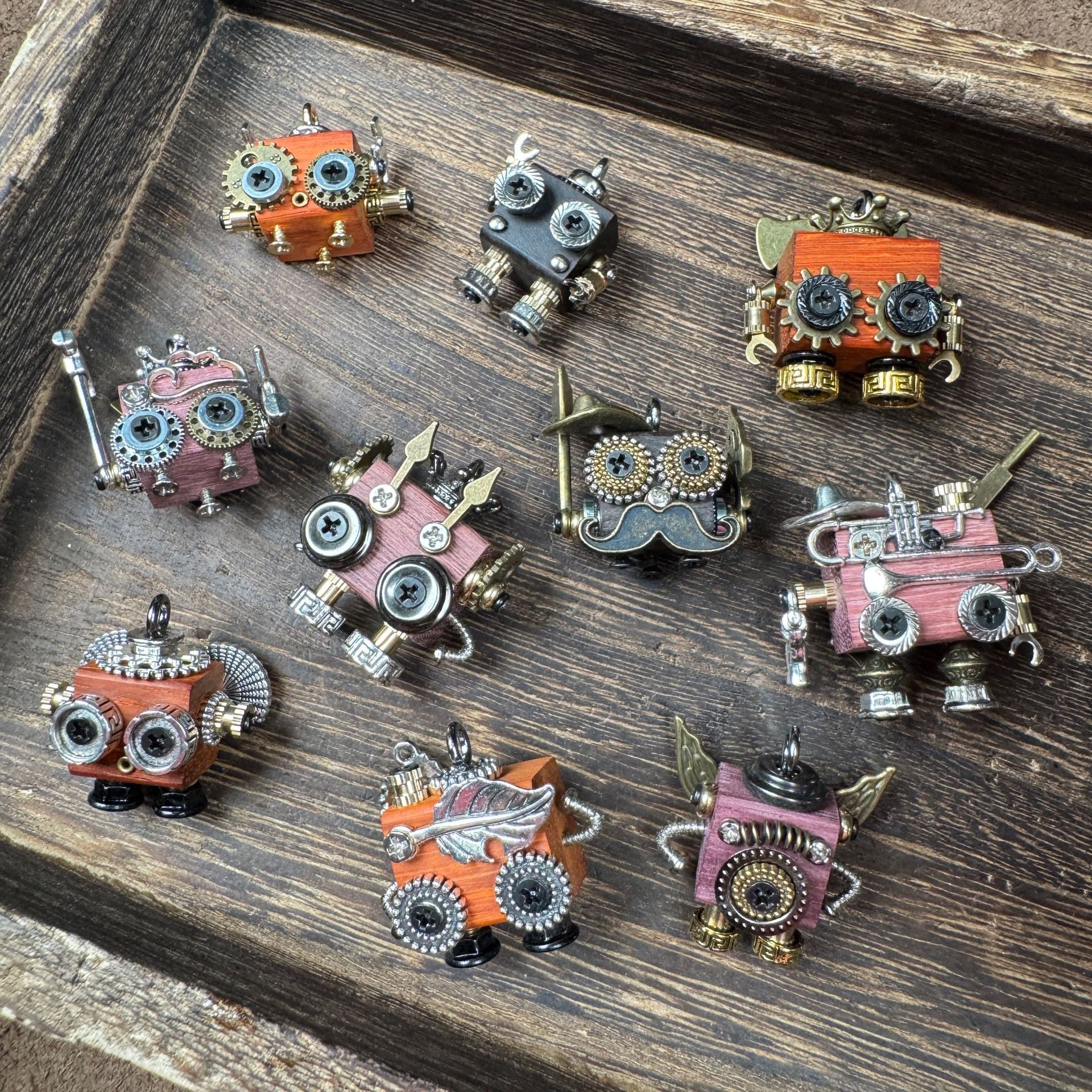 Handmade Steampunk Robot Pendant - Redwood Keychain, Phone Charm & Adjustable Unisex Necklace | Unique Gift