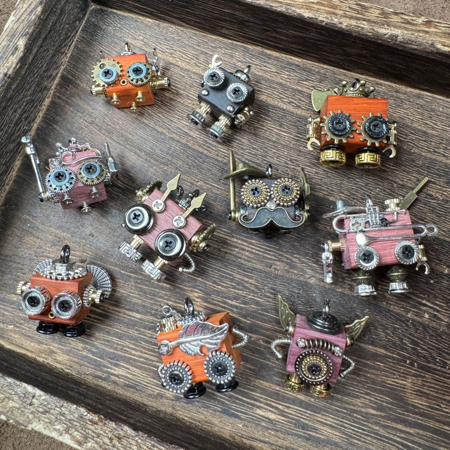 Handmade Steampunk Robot Pendant - Redwood Keychain, Phone Charm & Adjustable Unisex Necklace | Unique Gift