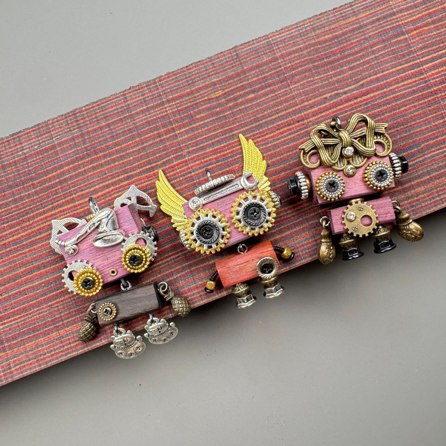 Unique Steampunk Robot Storytelling Piece - Handmade Wooden Pendant for Daily Carry, Unisex Jewelry & Tech Accessory