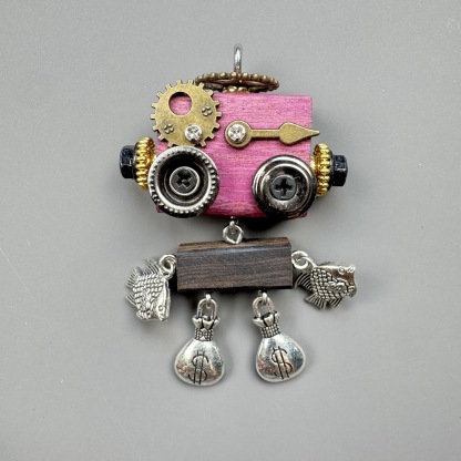 Unique Steampunk Robot Storytelling Piece - Handmade Wooden Pendant for Daily Carry, Unisex Jewelry & Tech Accessory