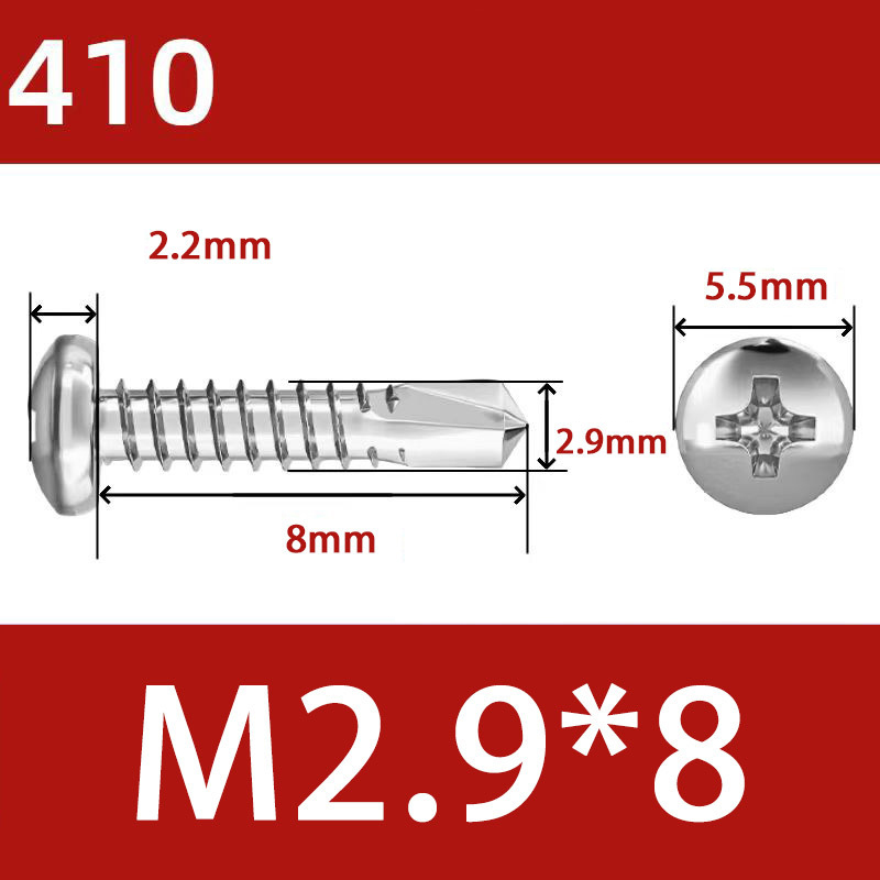 410 Stainless Steel Cross Round Head Self-Drilling Screws (Self-Tapping & Self-Drilling Teardrop Thread Screws) – Fully Hardened Fasteners, Full Specifications from M2.9 to M6.3