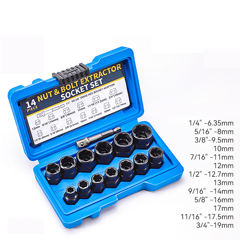 14-Piece Reverse Flute Nut Remover Socket Set | CR-MO Steel Forged | For Removing Rusted, Damaged, Stripped & Painted Nuts | 3/8" Standard Drive | Electric & Manual Use