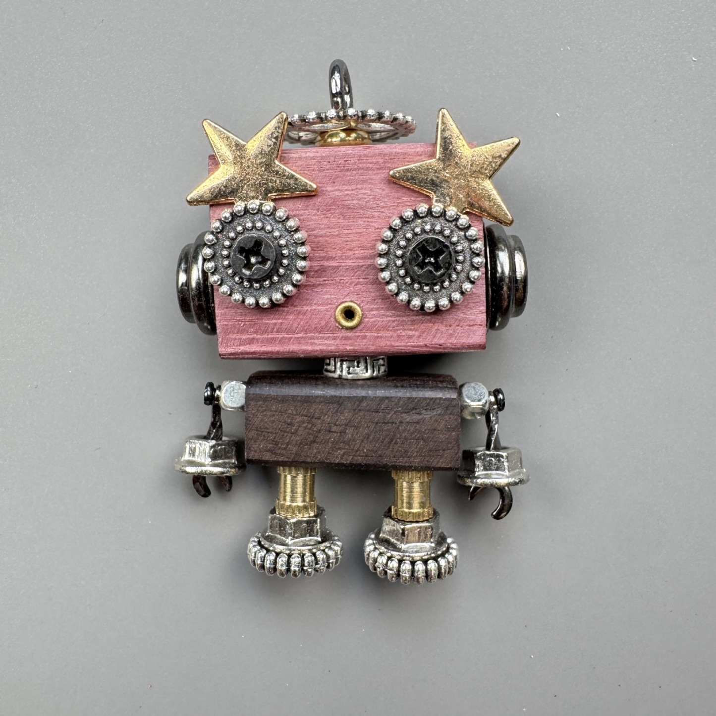 Unique Steampunk Robot Storytelling Piece - Handmade Wooden Pendant for Daily Carry, Unisex Jewelry & Tech Accessory