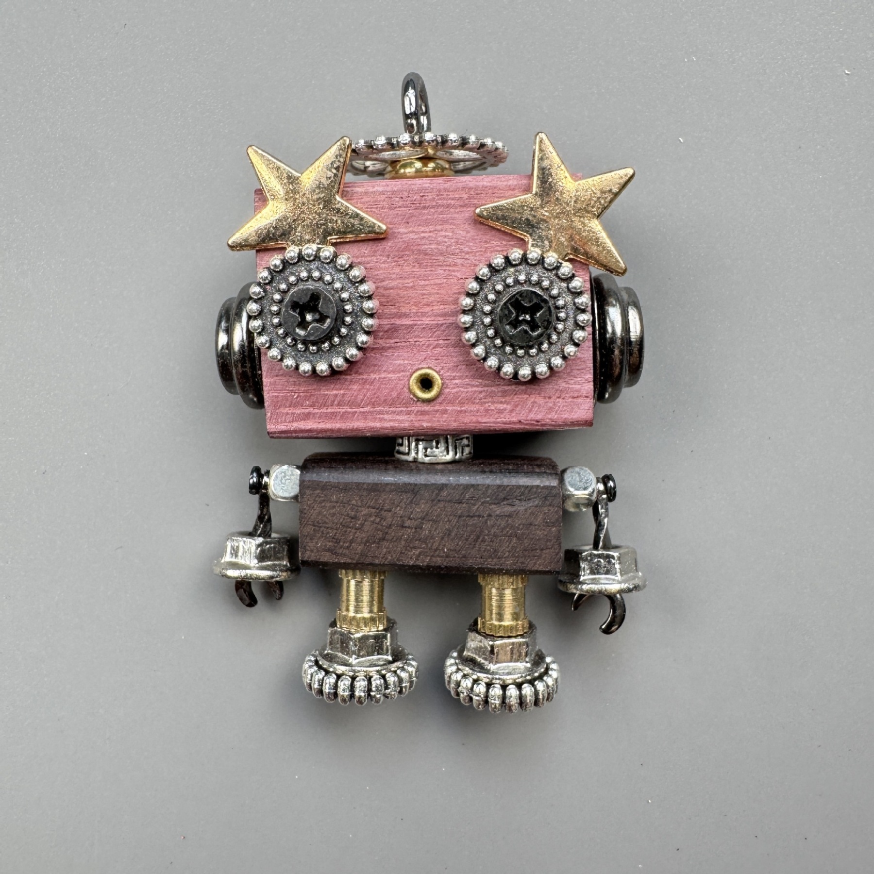 Unique Steampunk Robot Storytelling Piece - Handmade Wooden Pendant for Daily Carry, Unisex Jewelry & Tech Accessory