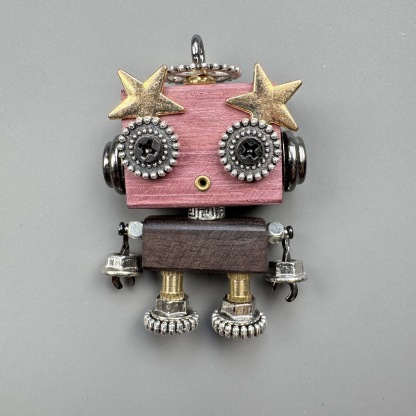 Unique Steampunk Robot Storytelling Piece - Handmade Wooden Pendant for Daily Carry, Unisex Jewelry & Tech Accessory