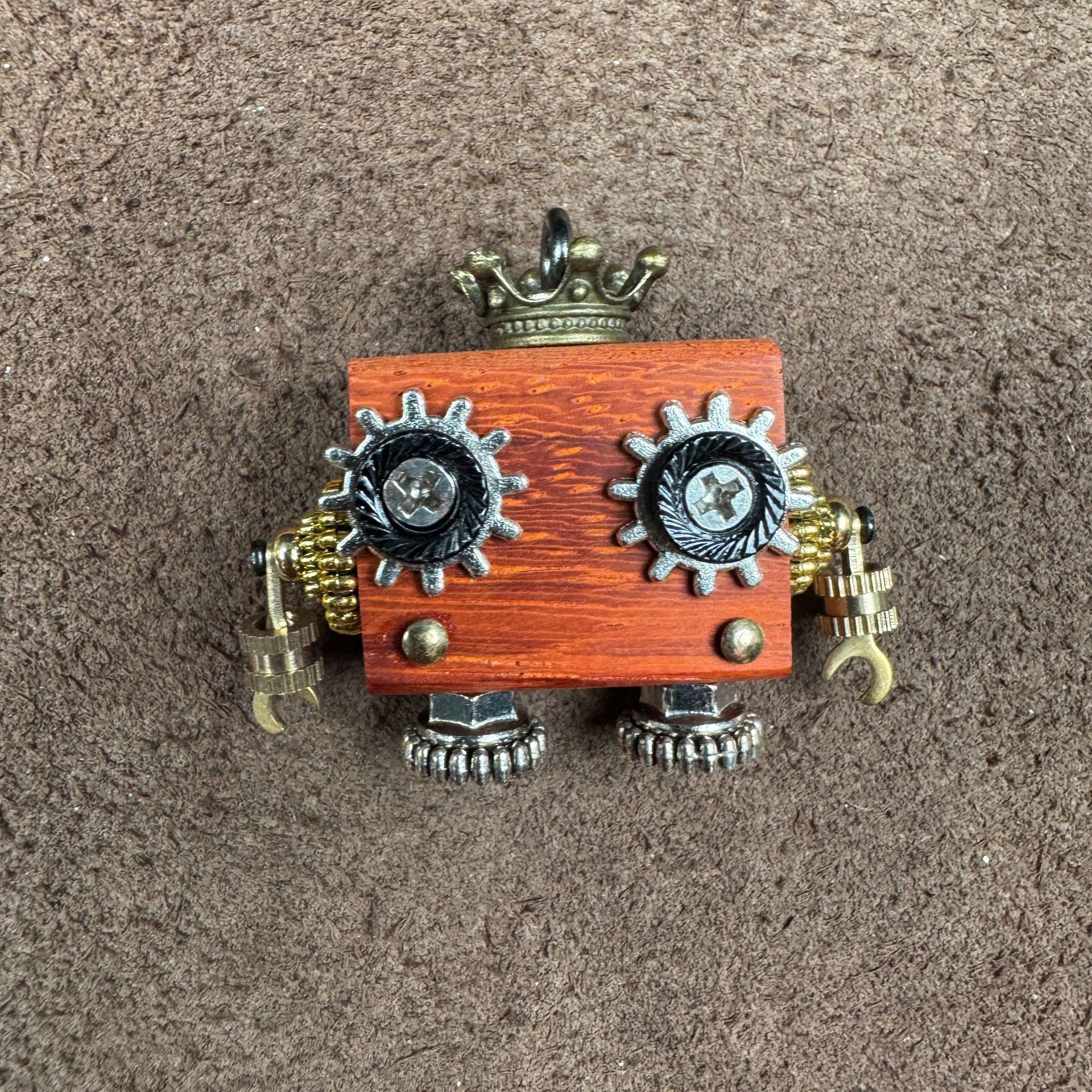 Original Handmade Punk Robot Pendant - Artisan Wooden Keychain & Phone Charm, Unique Unisex Necklace Accessory