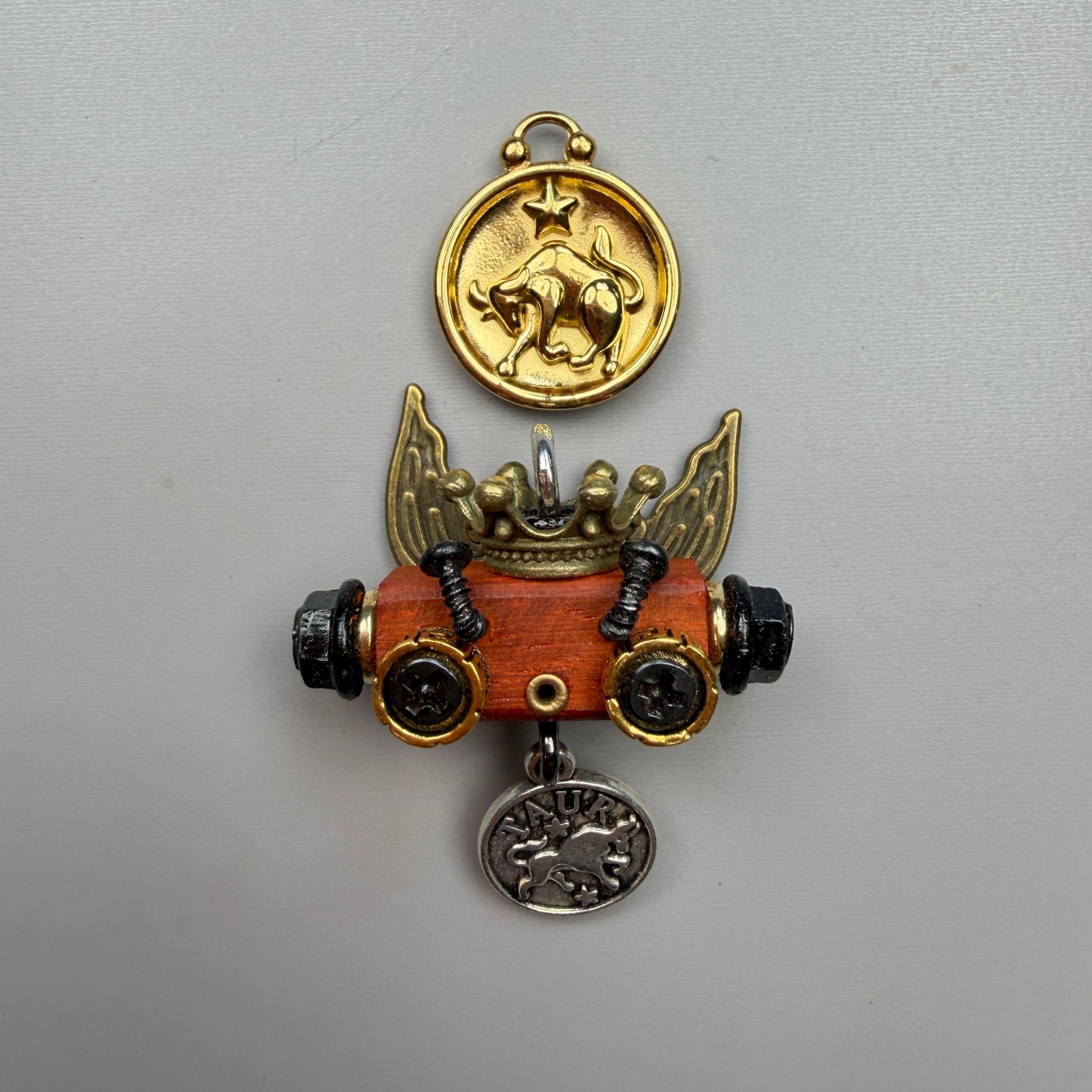Zodiac Steampunk Robot Pendant - 12 Signs Handmade Wooden Charm for Necklace & Keychain, Unique Astrology Accessory