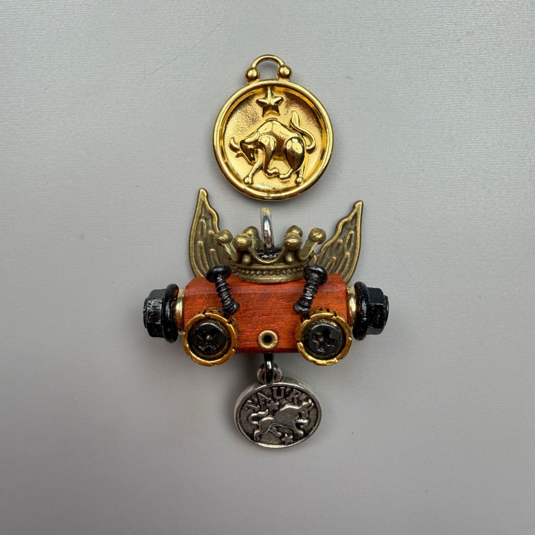 Zodiac Steampunk Robot Pendant - 12 Signs Handmade Wooden Charm for Necklace & Keychain, Unique Astrology Accessory