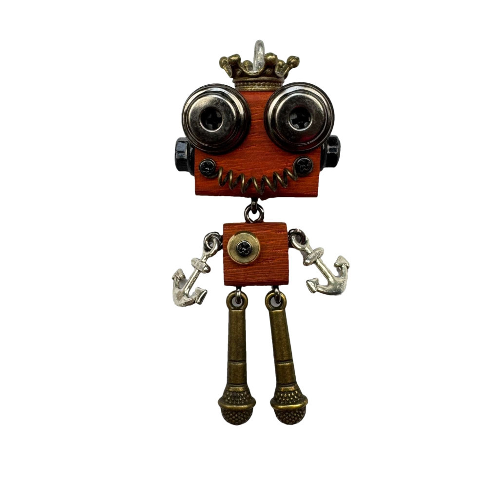 Original Punk Robot Keychain & Pendant - Handmade Wooden Necklace Charm, Detachable Phone Chain, Small Novelty Gift