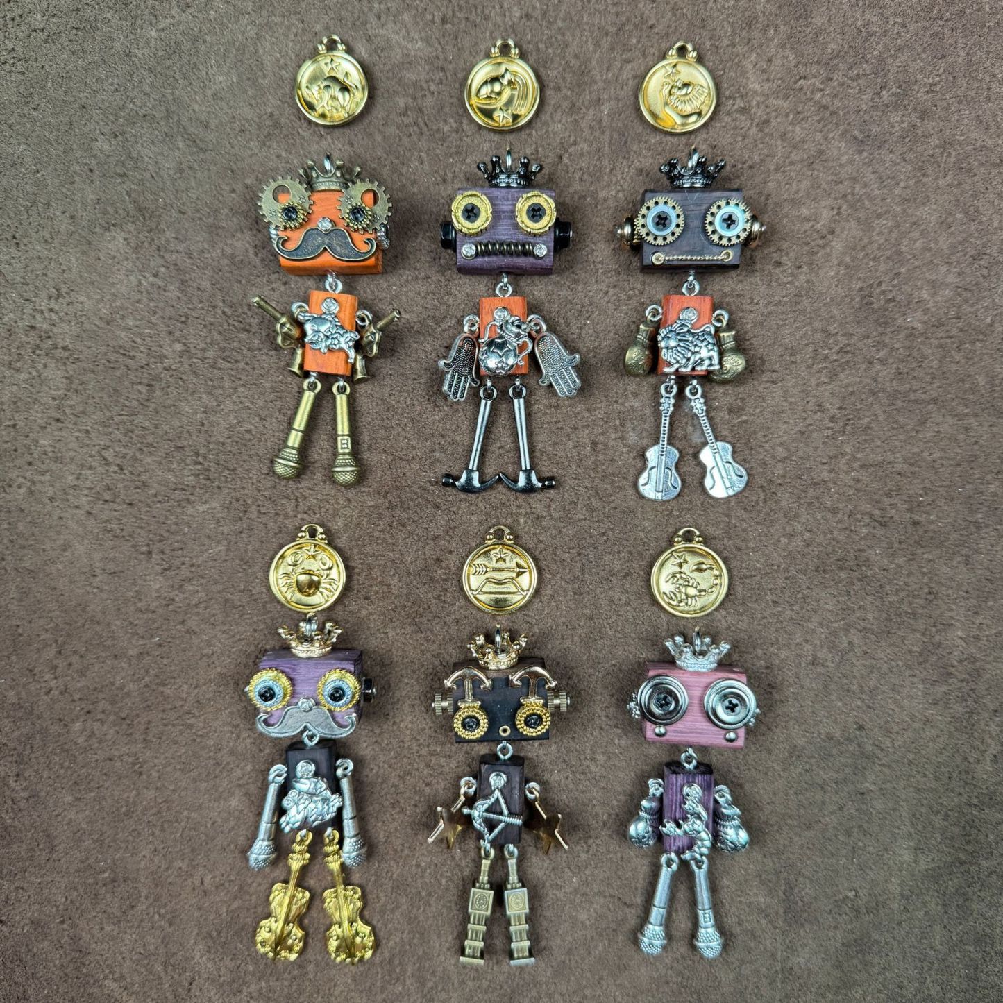 Steampunk Zodiac Guardians - Handcrafted 12 Constellation Robot Pendant, Wooden Keychain & Geek Gift