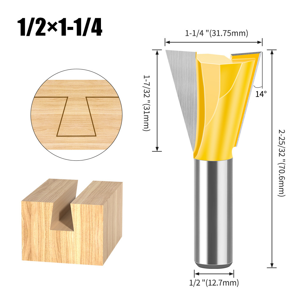 Dovetail Slot Bit - 1/4" & 1/2" Shank - Woodworking Router Bit for Dovetail Joints, Trim, and Edge Profiling - Teflon Coated