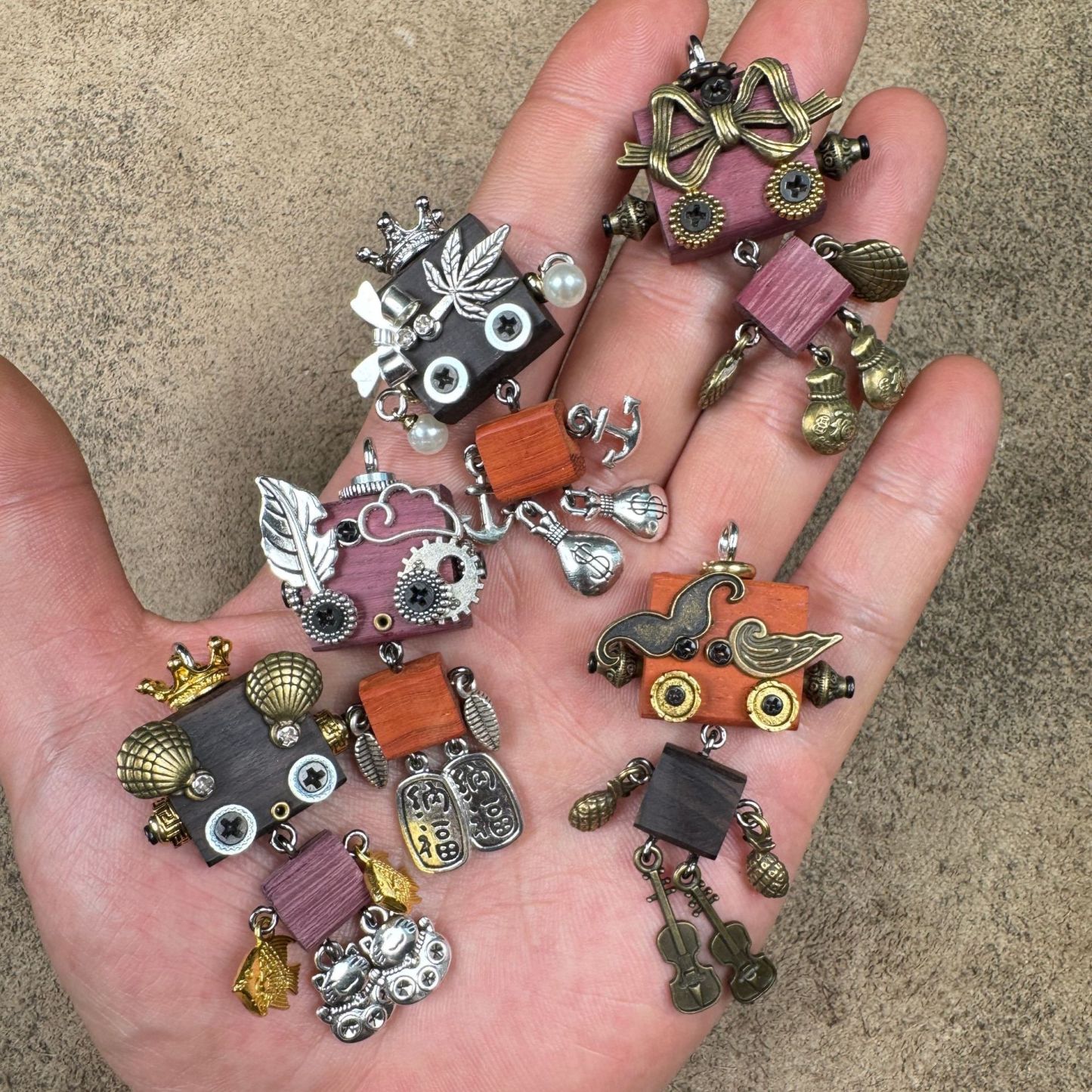 Handmade Wood & Punk Robot Charm - Your Perfect Daily Companion as a Necklace Pendant or Keychain, Unisex Artisan Piece