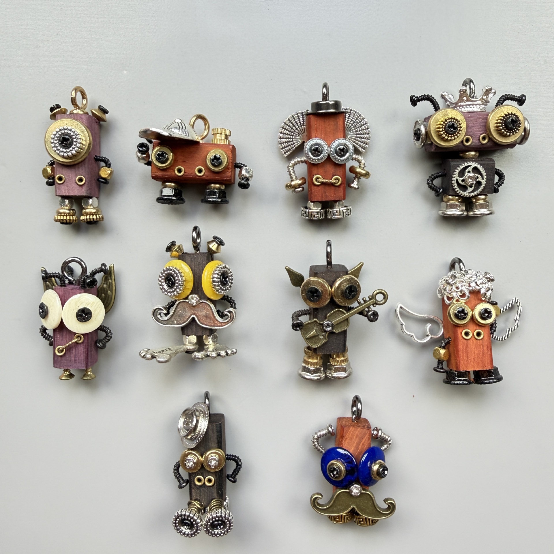 Handmade Punk Robot Pendant - Quirky Wooden Keychain, Phone Charm & Necklace Charm for Men and Women - Steampunk Gothic Geek Accessory