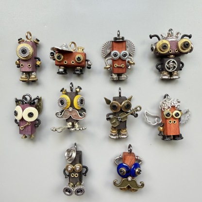 Handmade Punk Robot Pendant - Quirky Wooden Keychain, Phone Charm & Necklace Charm for Men and Women - Steampunk Gothic Geek Accessory