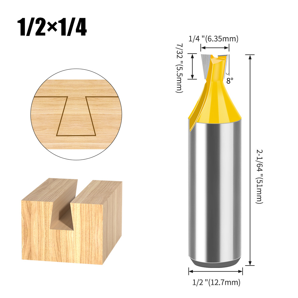 Dovetail Slot Bit - 1/4" & 1/2" Shank - Woodworking Router Bit for Dovetail Joints, Trim, and Edge Profiling - Teflon Coated