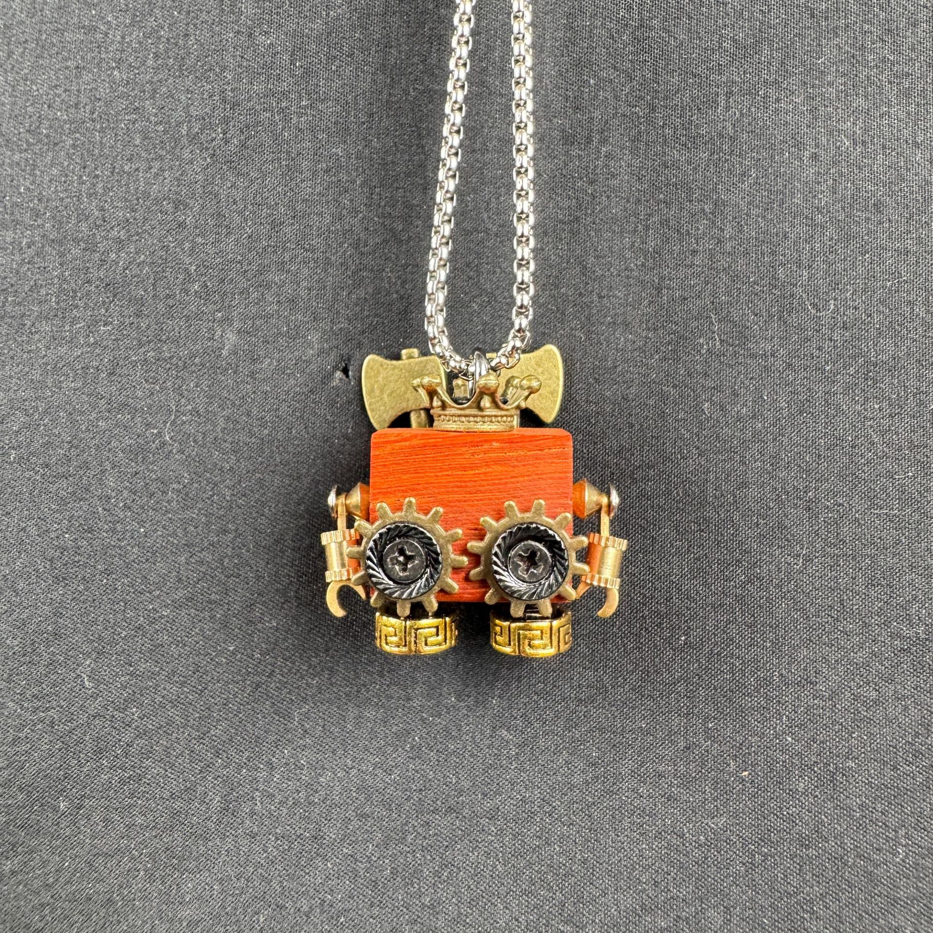 Handmade Steampunk Robot Pendant - Redwood Keychain, Phone Charm & Adjustable Unisex Necklace | Unique Gift