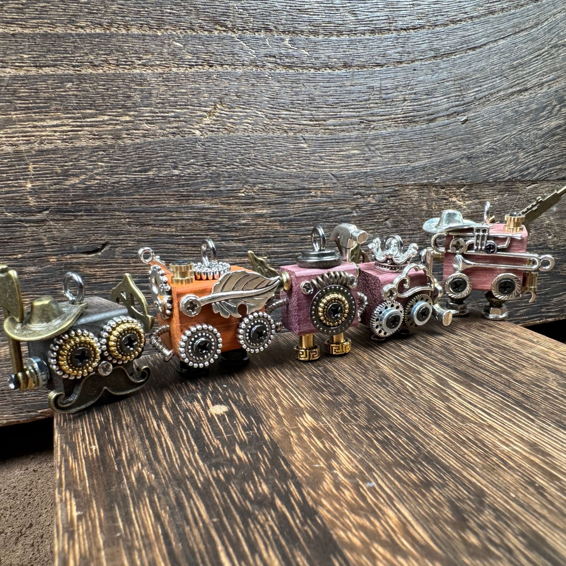 Handmade Steampunk Robot Pendant - Redwood Keychain, Phone Charm & Adjustable Unisex Necklace | Unique Gift