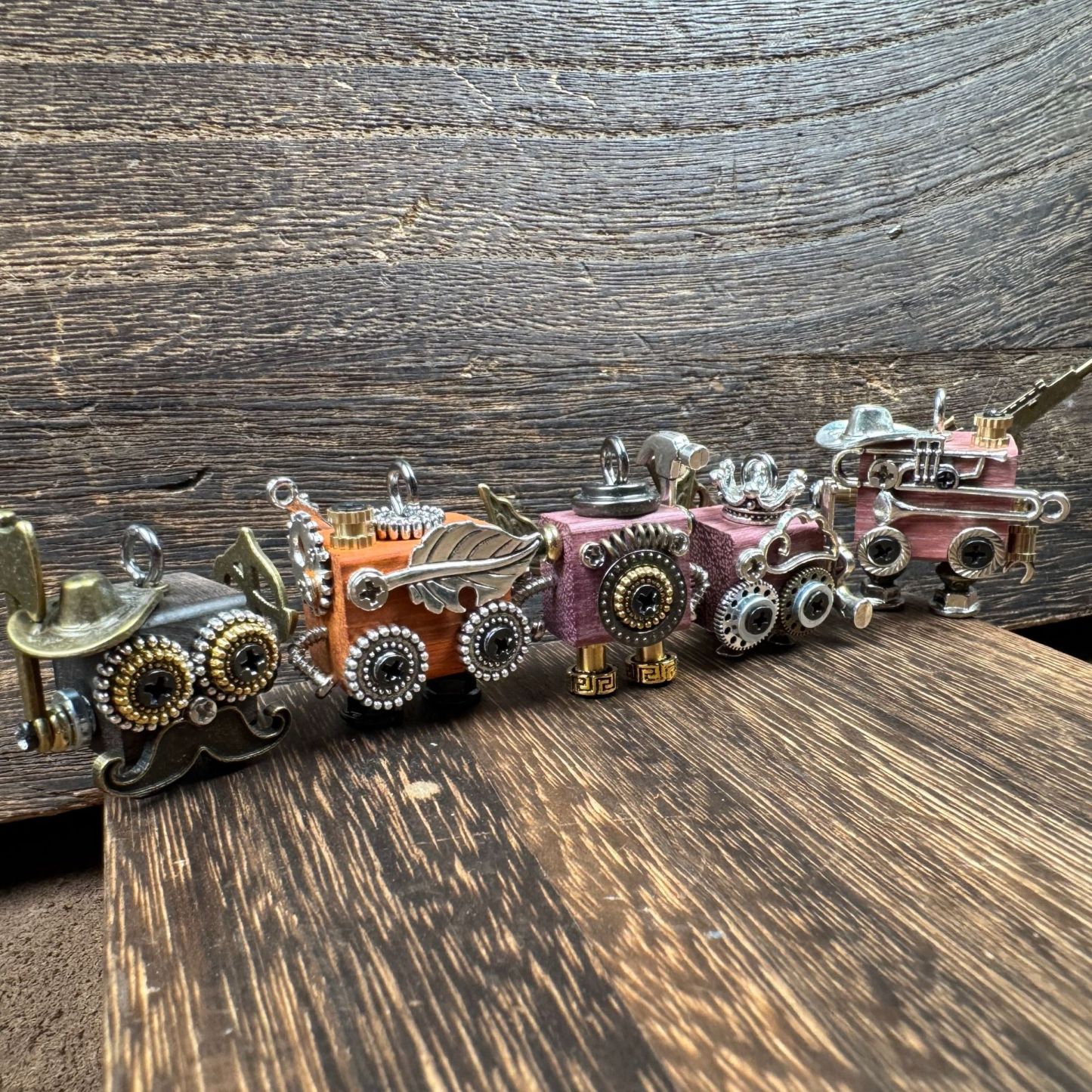 Handmade Steampunk Robot Pendant - Redwood Keychain, Phone Charm & Adjustable Unisex Necklace | Unique Gift