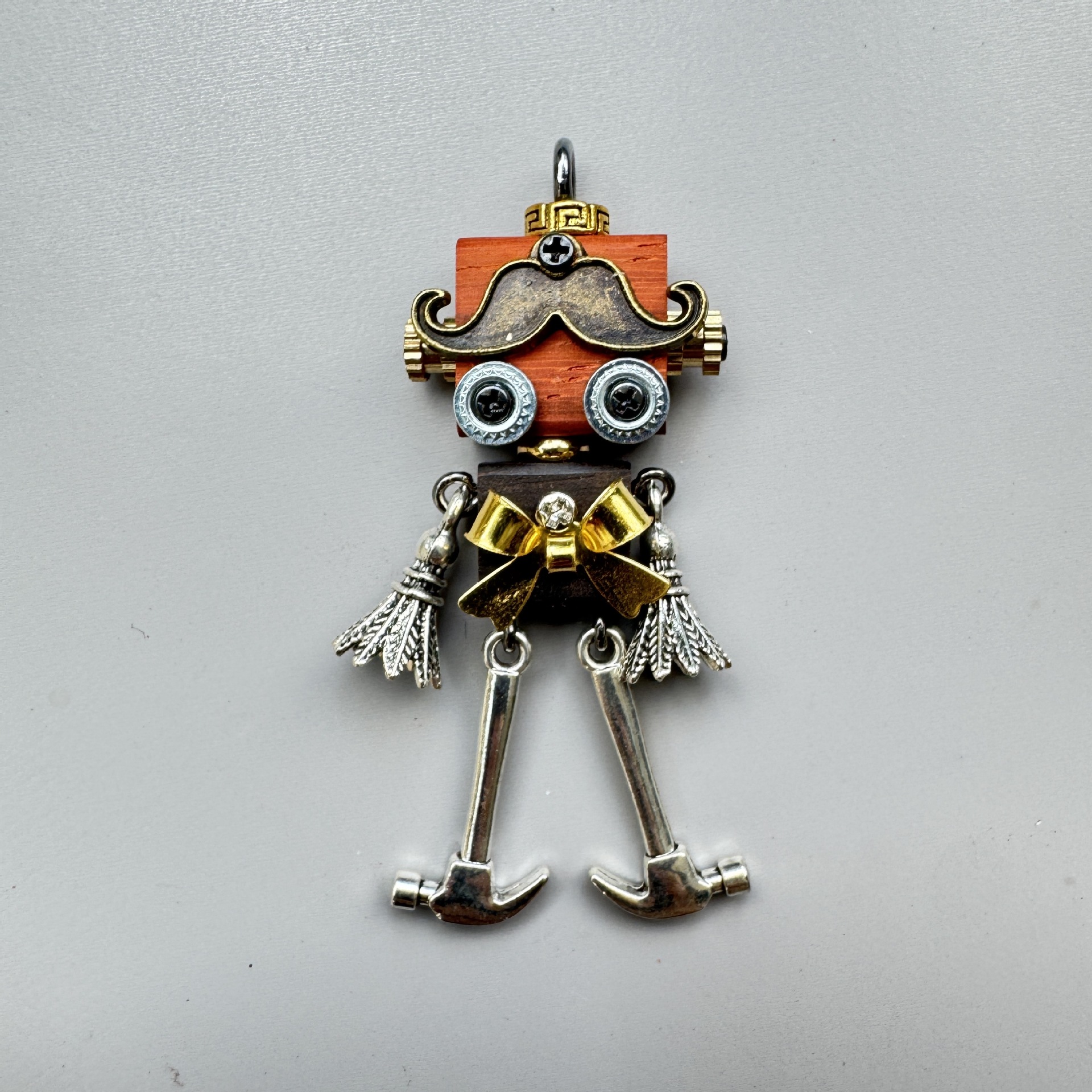 Handmade Mini Wooden Punk Robot Charm - Small Keychain, Phone Strap & Necklace Pendant for Men and Women