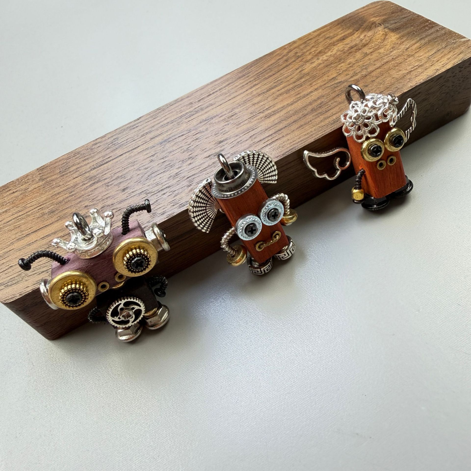 Handmade Punk Robot Pendant - Quirky Wooden Keychain, Phone Charm & Necklace Charm for Men and Women - Steampunk Gothic Geek Accessory