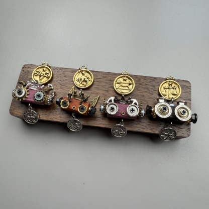 Zodiac Steampunk Robot Pendant - 12 Signs Handmade Wooden Charm for Necklace & Keychain, Unique Astrology Accessory