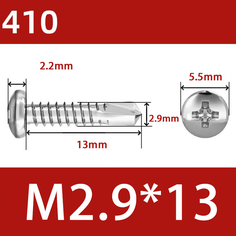 410 Stainless Steel Cross Round Head Self-Drilling Screws (Self-Tapping & Self-Drilling Teardrop Thread Screws) – Fully Hardened Fasteners, Full Specifications from M2.9 to M6.3