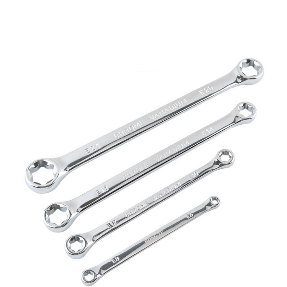 E-Type Double Head Mirror Finish Hex Torx Wrench Set - Professional Automotive Round Head 6-Point Star Sockets, 4-PC Chrome Vanadium Steel, Thickened Anti-Slip Tool Kit