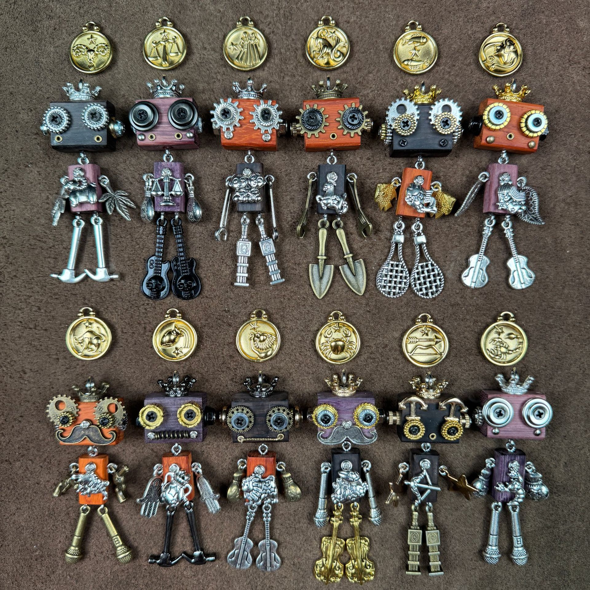 Steampunk Zodiac Guardians - Handcrafted 12 Constellation Robot Pendant, Wooden Keychain & Geek Gift