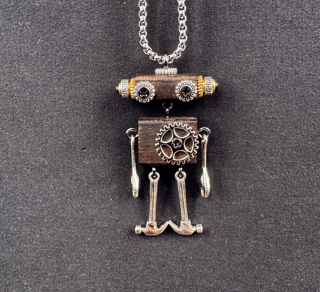 Steampunk Robot Wearable Art - Original Handmade Statement Pendant for Daily Style, Unisex Necklace & Tech Accessory