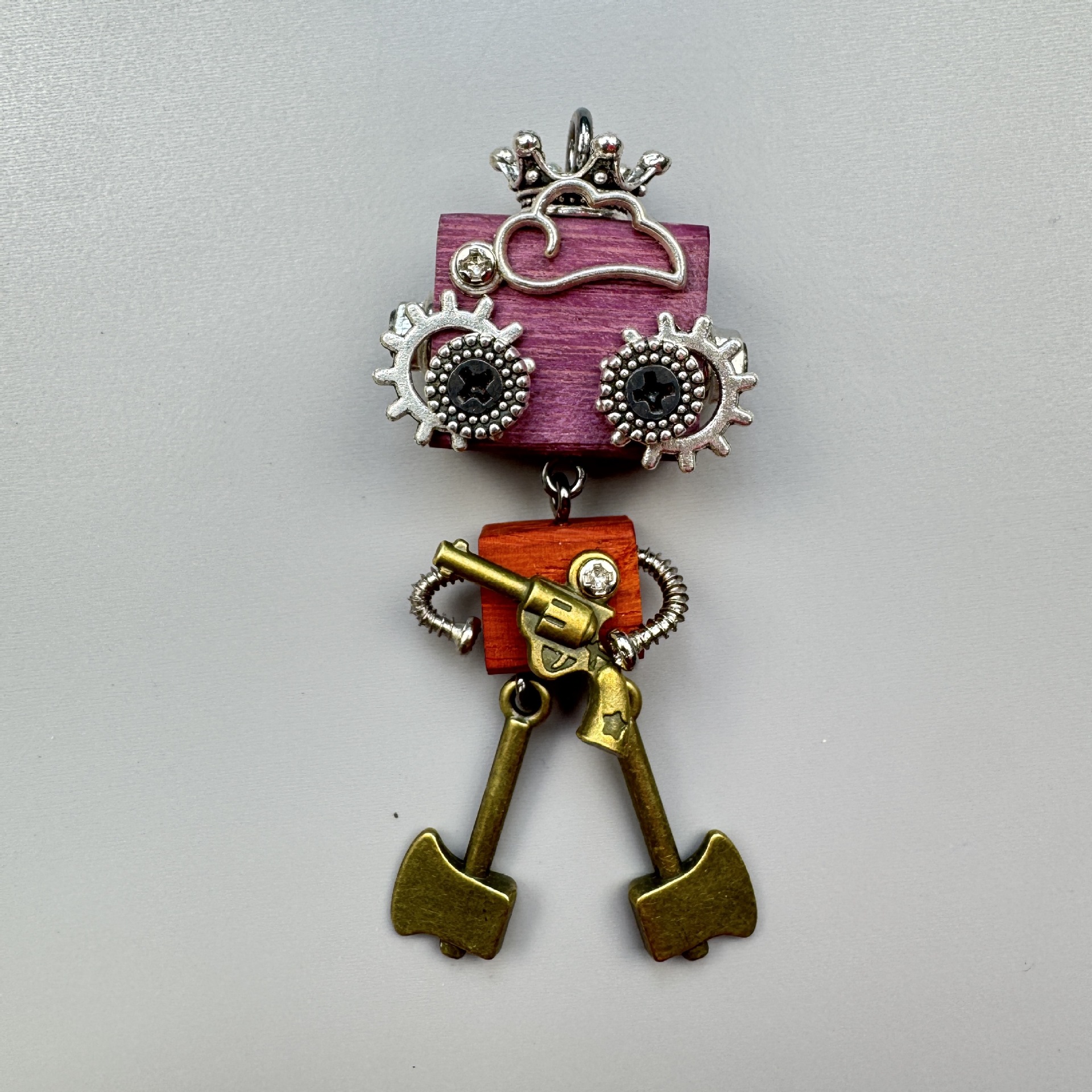 Original Punk Robot Keychain & Pendant - Handmade Wooden Necklace Charm, Detachable Phone Chain, Small Novelty Gift