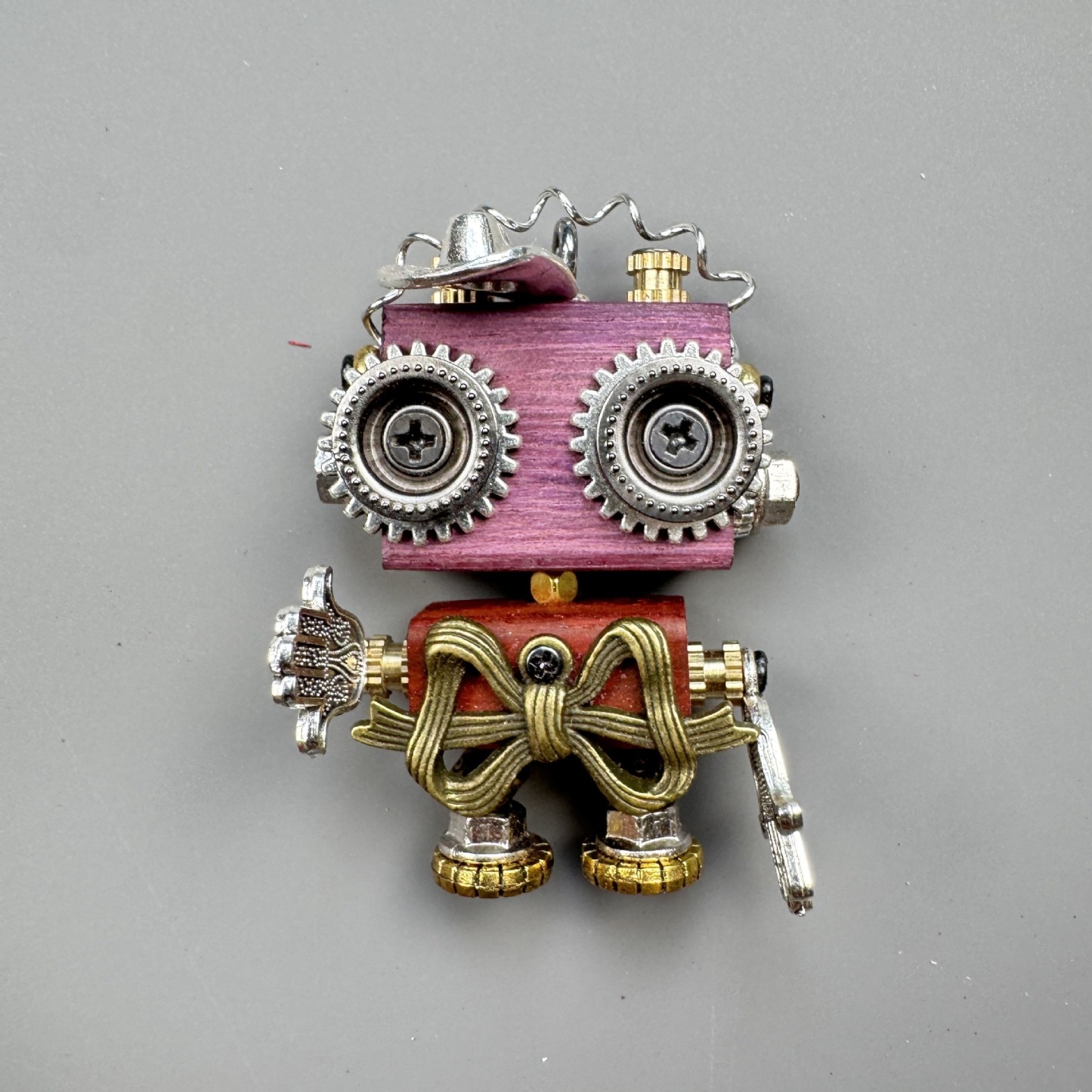 Unique Steampunk Robot Storytelling Piece - Handmade Wooden Pendant for Daily Carry, Unisex Jewelry & Tech Accessory