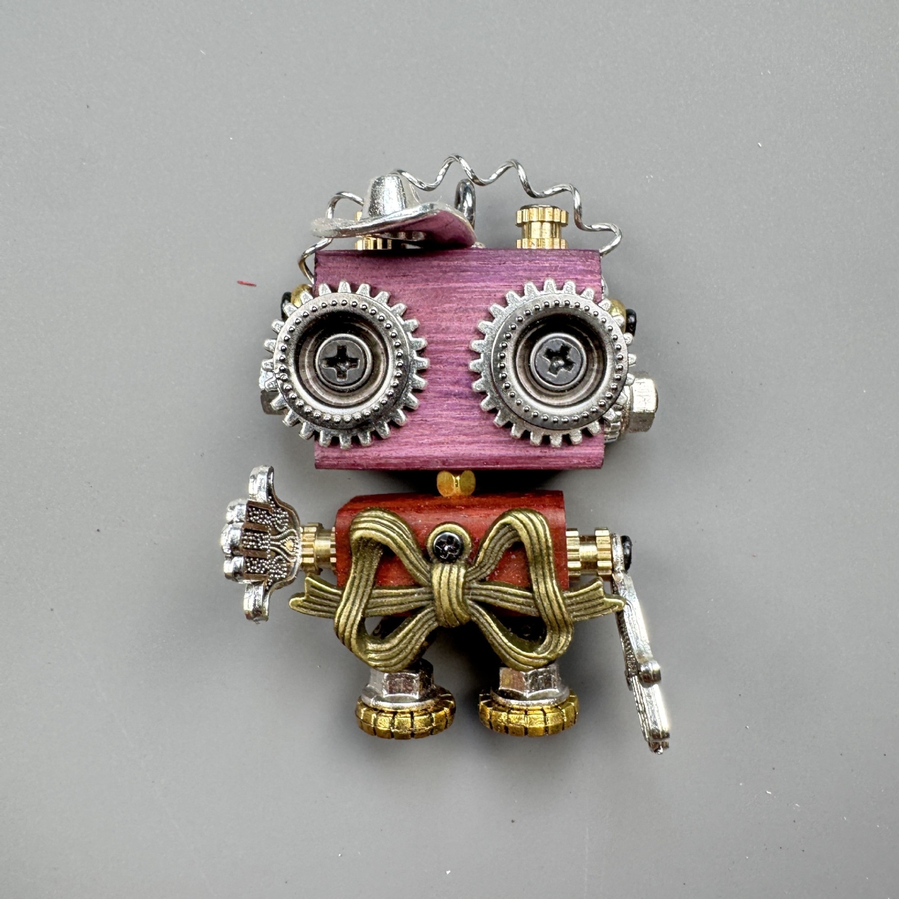 Unique Steampunk Robot Storytelling Piece - Handmade Wooden Pendant for Daily Carry, Unisex Jewelry & Tech Accessory