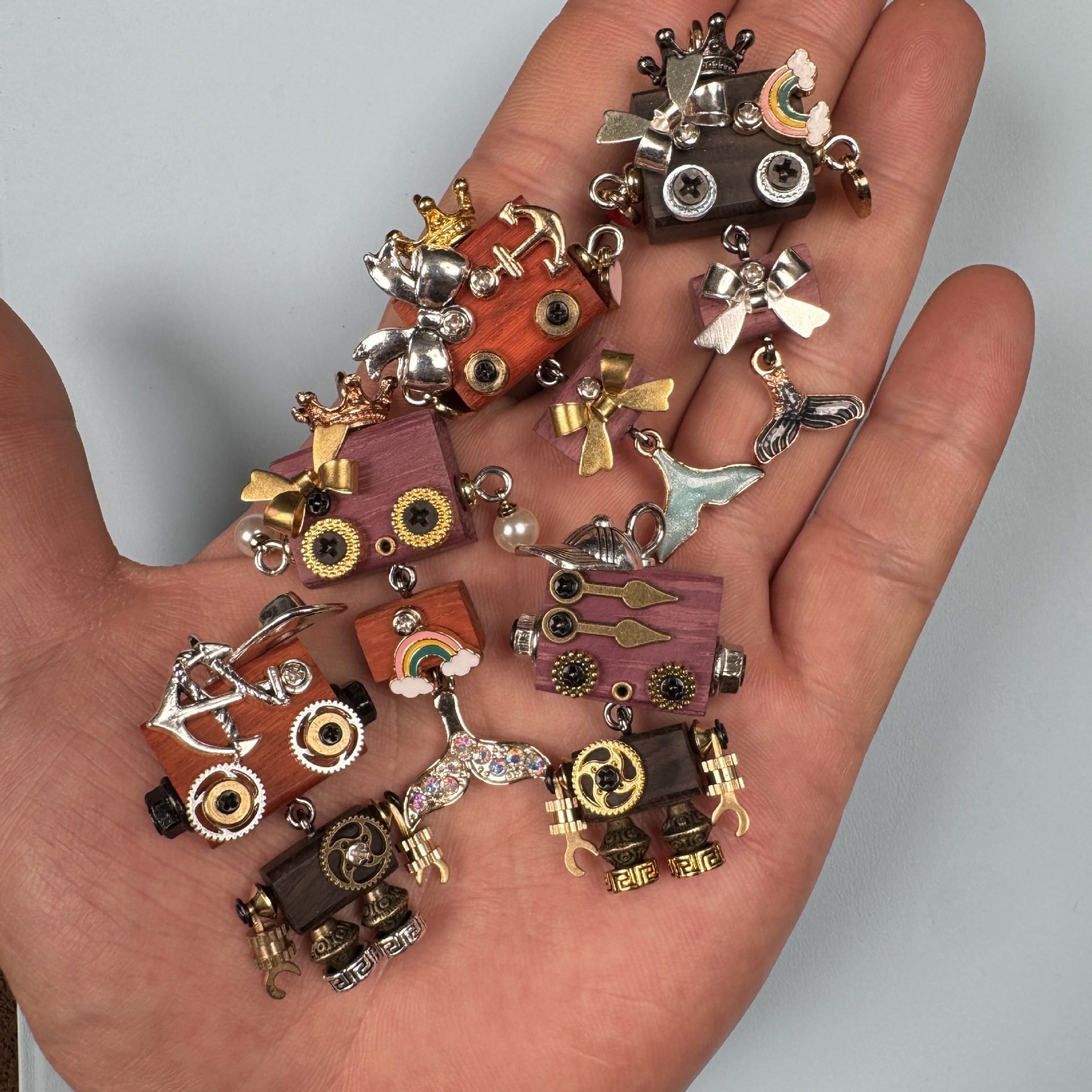 Steampunk Robot Pendant - Handcrafted Wooden Keychain, Necklace Charm & Phone Chain Accessory for Men and Women