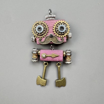Unique Steampunk Robot Storytelling Piece - Handmade Wooden Pendant for Daily Carry, Unisex Jewelry & Tech Accessory