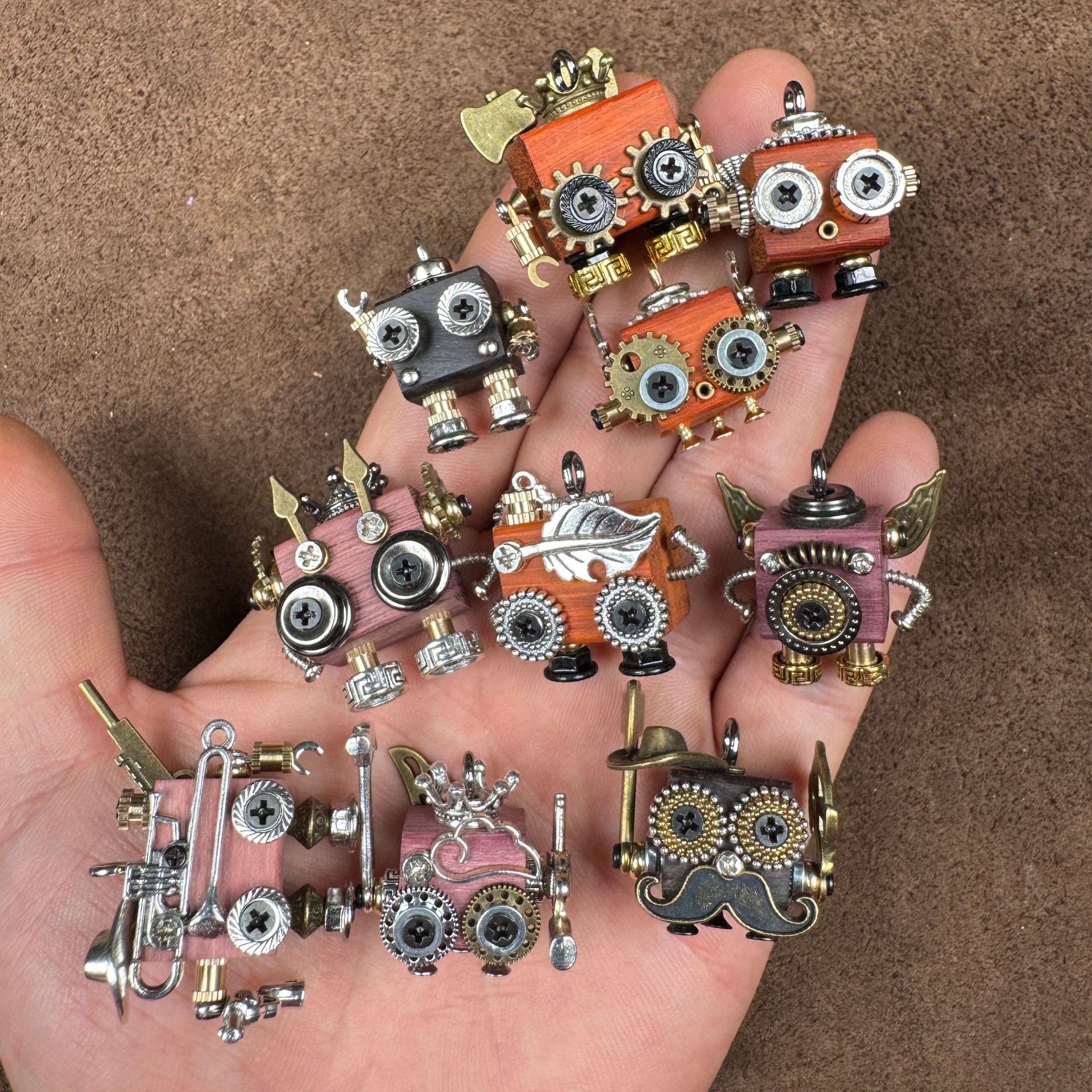 Handmade Steampunk Robot Pendant - Redwood Keychain, Phone Charm & Adjustable Unisex Necklace | Unique Gift