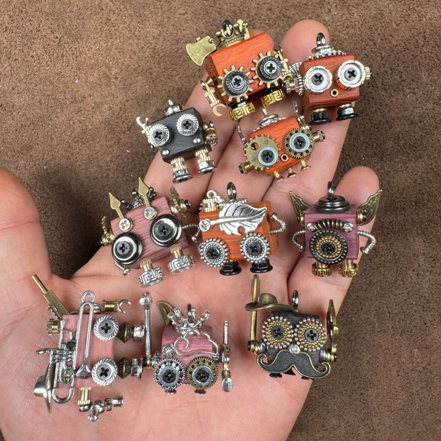 Handmade Steampunk Robot Pendant - Redwood Keychain, Phone Charm & Adjustable Unisex Necklace | Unique Gift