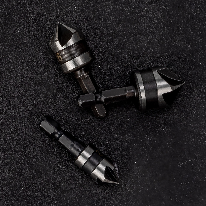 5-Flute 90° Countersink Drill Bit Set - High Carbon Steel Hex/Round Shank Wood Chamfer Tool (12/16/19mm) 3-Piece Kit