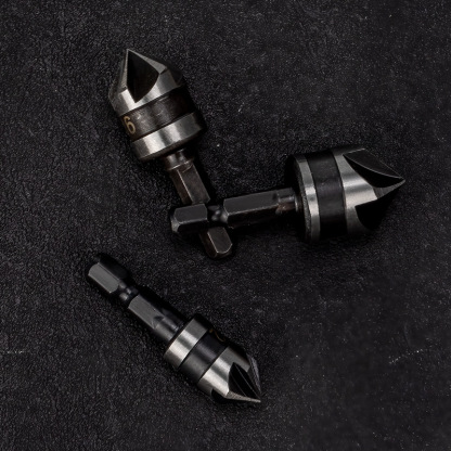 5-Flute 90° Countersink Drill Bit Set - High Carbon Steel Hex/Round Shank Wood Chamfer Tool (12/16/19mm) 3-Piece Kit