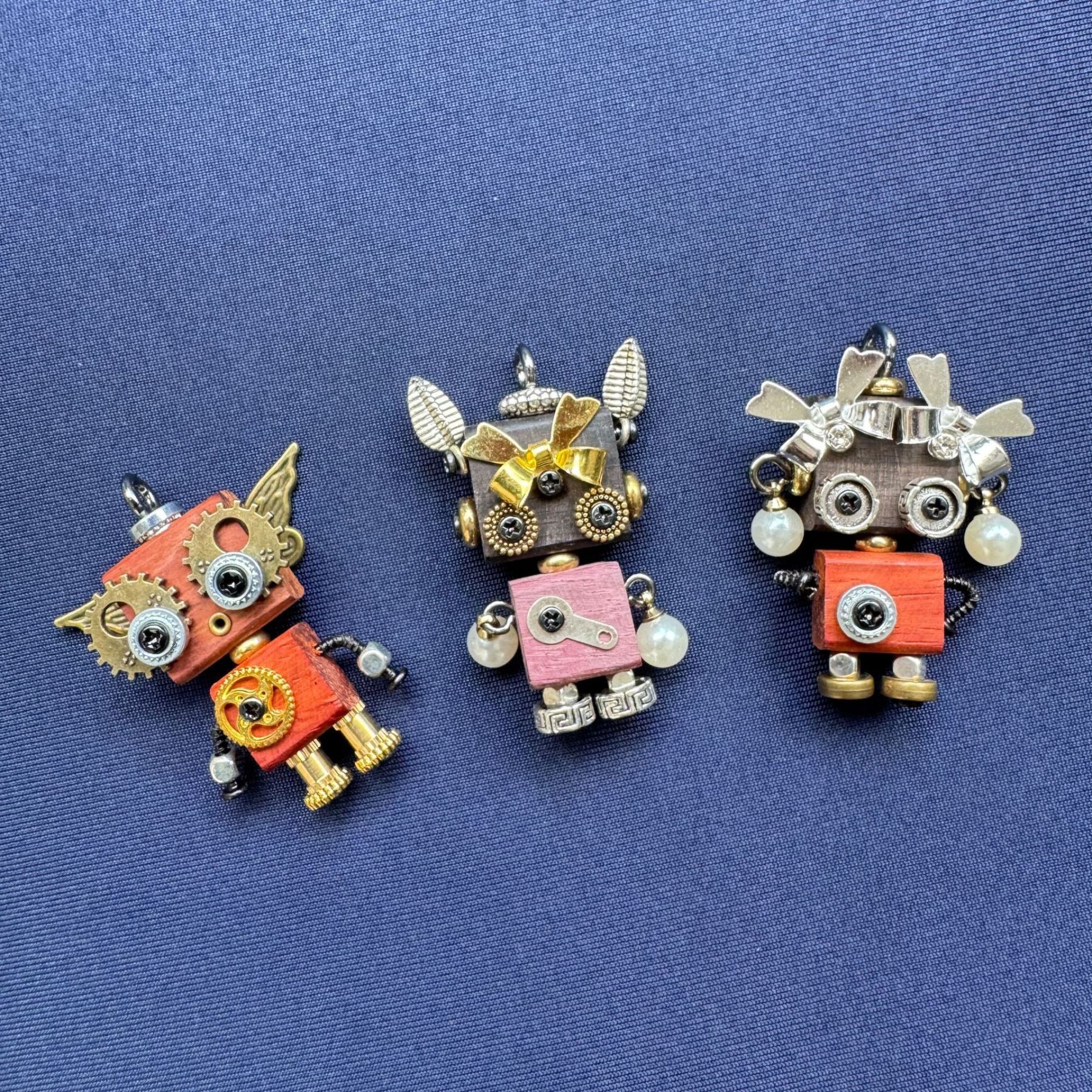 Handmade Mini Wooden Punk Robot Charm - Small Keychain, Phone Strap & Necklace Pendant for Men and Women