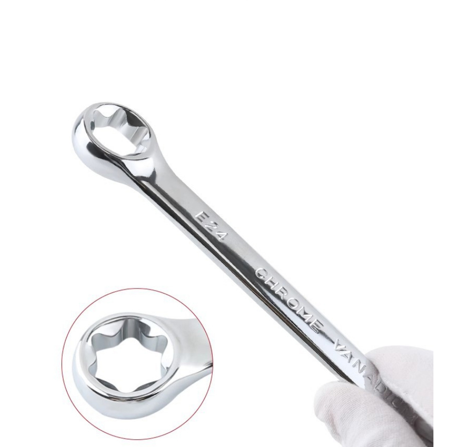 E-Type Double Head Mirror Finish Hex Torx Wrench Set - Professional Automotive Round Head 6-Point Star Sockets, 4-PC Chrome Vanadium Steel, Thickened Anti-Slip Tool Kit