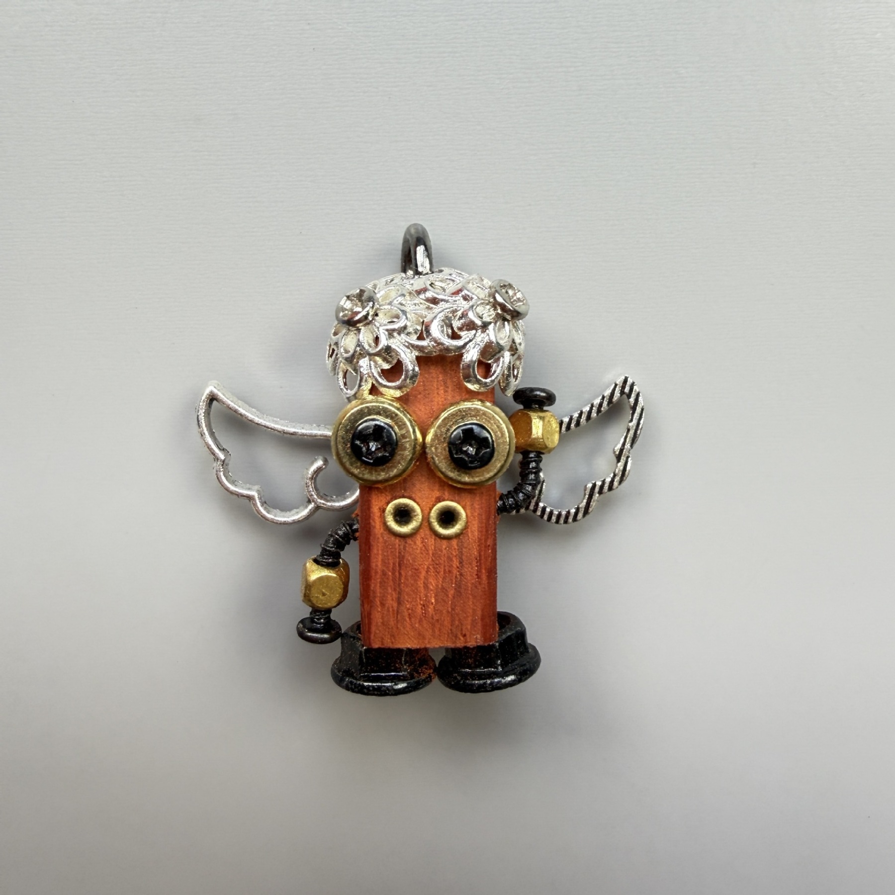 Handmade Punk Robot Pendant - Quirky Wooden Keychain, Phone Charm & Necklace Charm for Men and Women - Steampunk Gothic Geek Accessory