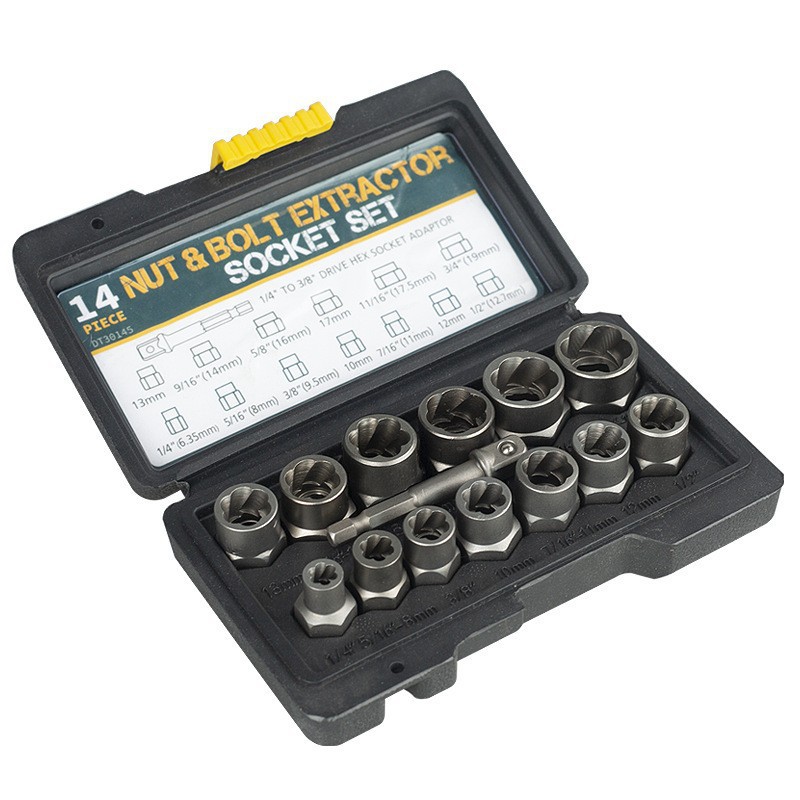 14-Piece Reverse Flute Nut Remover Socket Set | CR-MO Steel Forged | For Removing Rusted, Damaged, Stripped & Painted Nuts | 3/8" Standard Drive | Electric & Manual Use