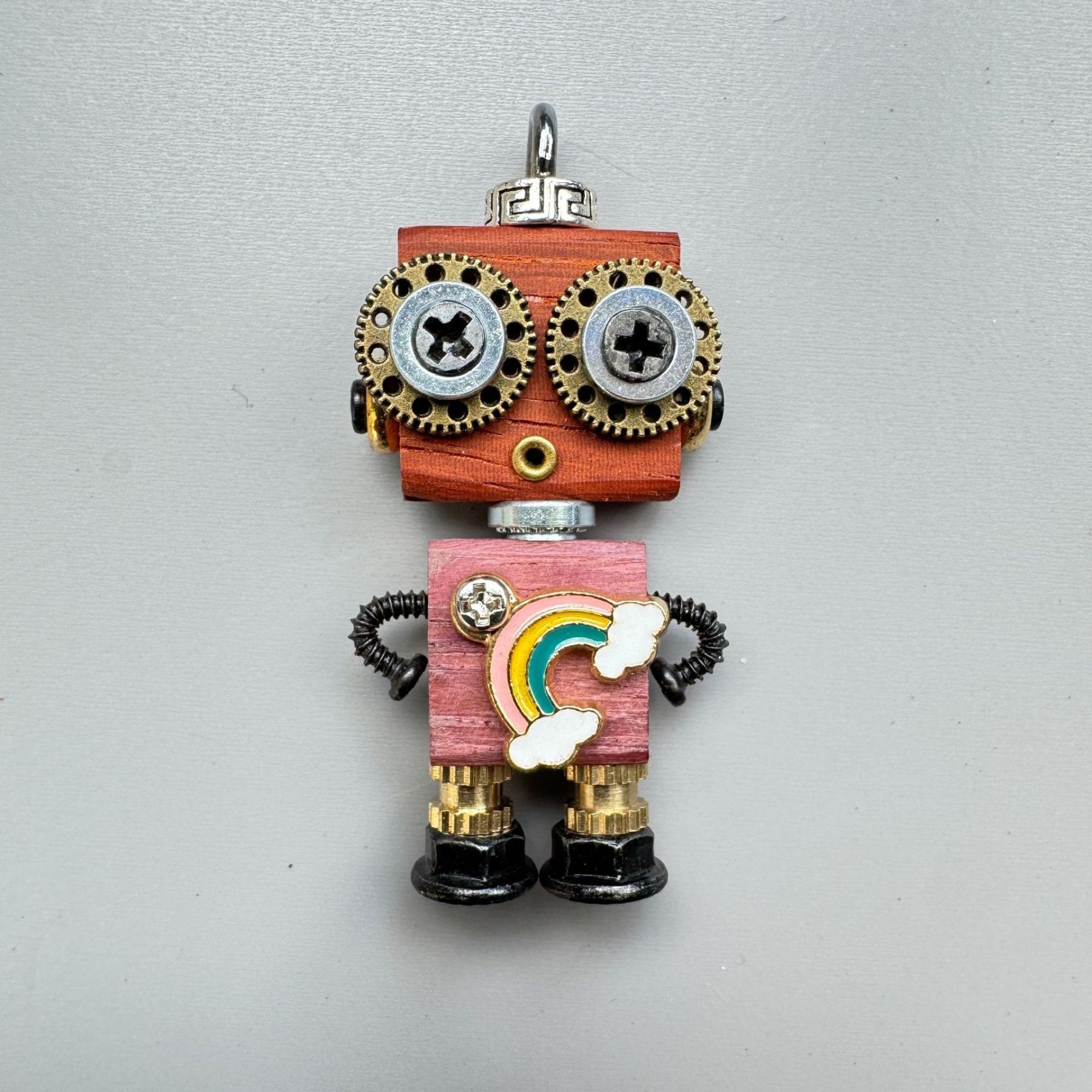Handmade Mini Wooden Punk Robot Charm - Small Keychain, Phone Strap & Necklace Pendant for Men and Women